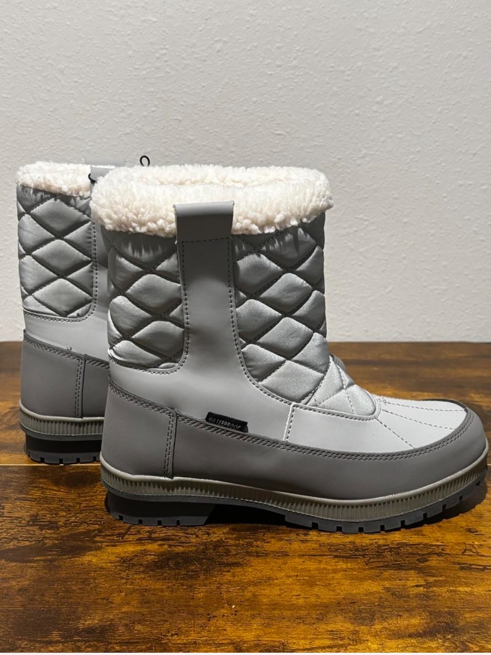 Magellan Outdoors Gray Quilted Winter Boots with Cream Faux Fur Interior